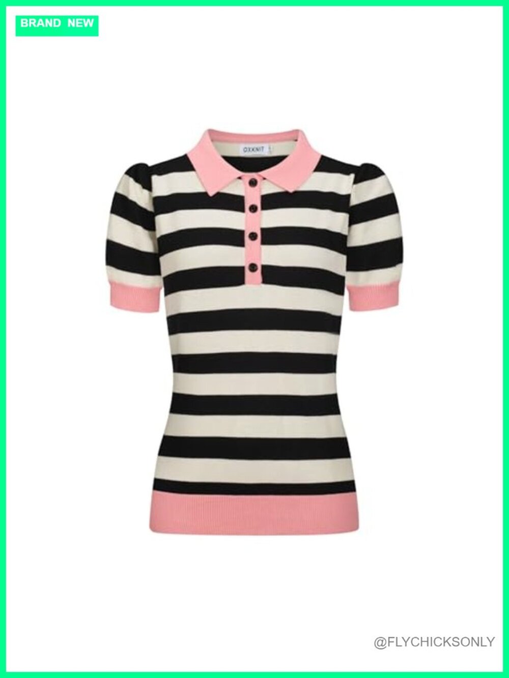 Knit Polo Shirt Short Sleeve Retro Striped Quarter Button Casual Top